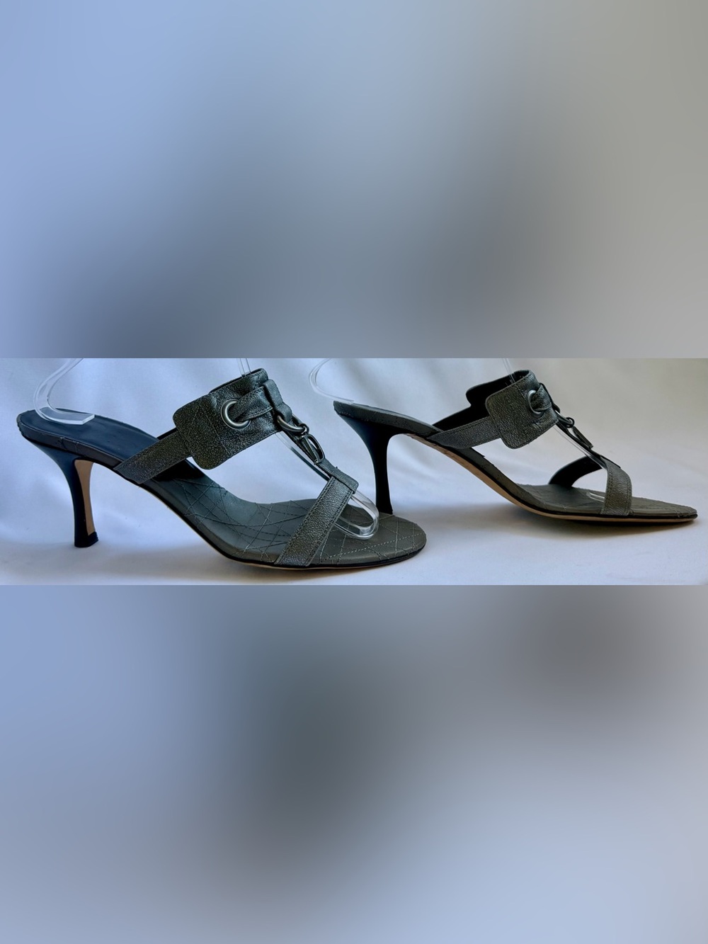 Christian Dior Y2K Metallic Silver Cannage D Charm Stiletto Heels Sandals 38.5